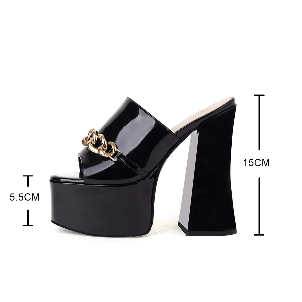 Women’s black peep-toe high heels slippers with chain, 15cm platform for trendy summer parties.