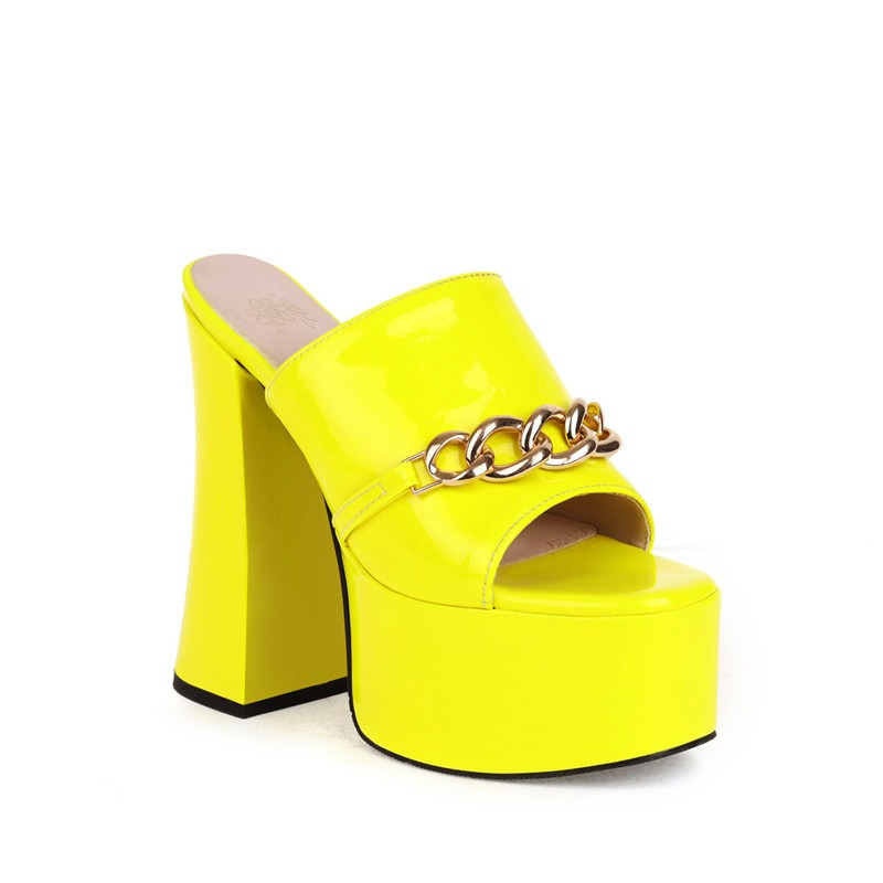Bright yellow peep-toe high heels slippers with chain, perfect for summer parties and trendy outfits.