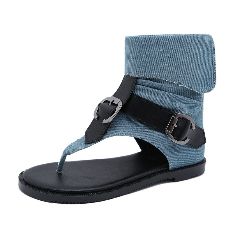 Stylish blue gladiator flip flops with open toe and ankle straps for women, perfect for summer wear.