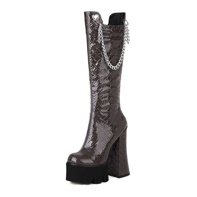 Women's Super High Heel Platform Boots / Fashion Patent Leather Knee High Boots with Weave Chain - HARD'N'HEAVY