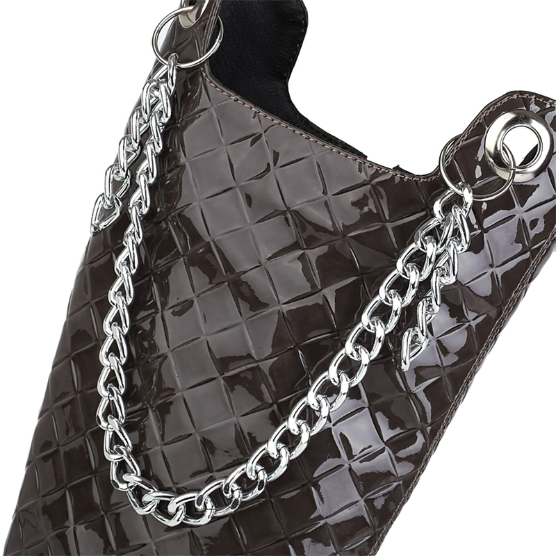 Fashionable brown patent leather bag featuring a stylish silver chain detail and quilted texture.