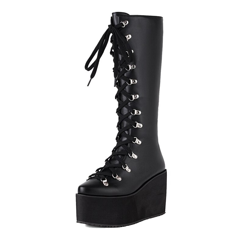 Women's gothic black platform boots with lace-up design and silver rivets, perfect for punk style lovers.