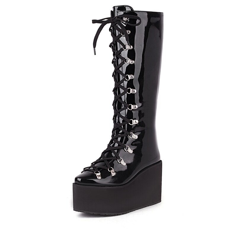 Women's gothic black super high thick bottom boots with lace-up and silver rivets. Perfect punk style footwear!