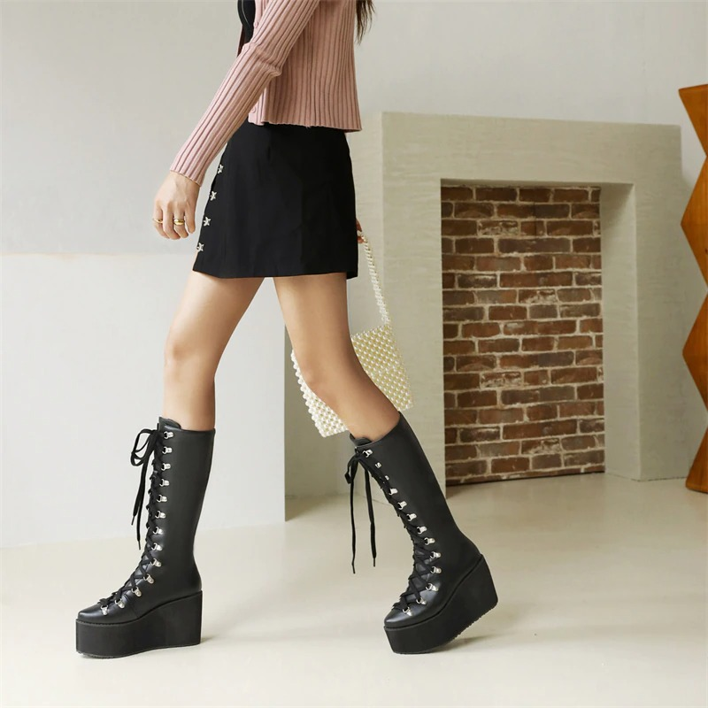 Women's Super High Thick Bottom Boots with Lace Up / Gothic Black Platform Shoes - HARD'N'HEAVY