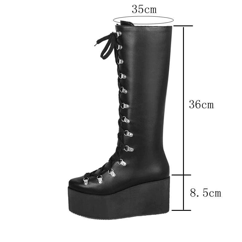 Stylish black women's super high thick bottom lace-up boots with silver rivets and high platform, perfect for a punk look.