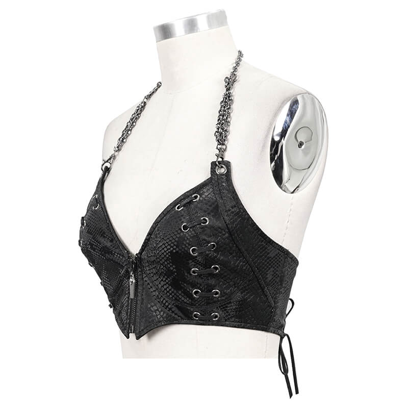 Women's Synthetic Leather Bra with Chain & Silver Rivets / Female Intimates Clothing in Punk Style - HARD'N'HEAVY