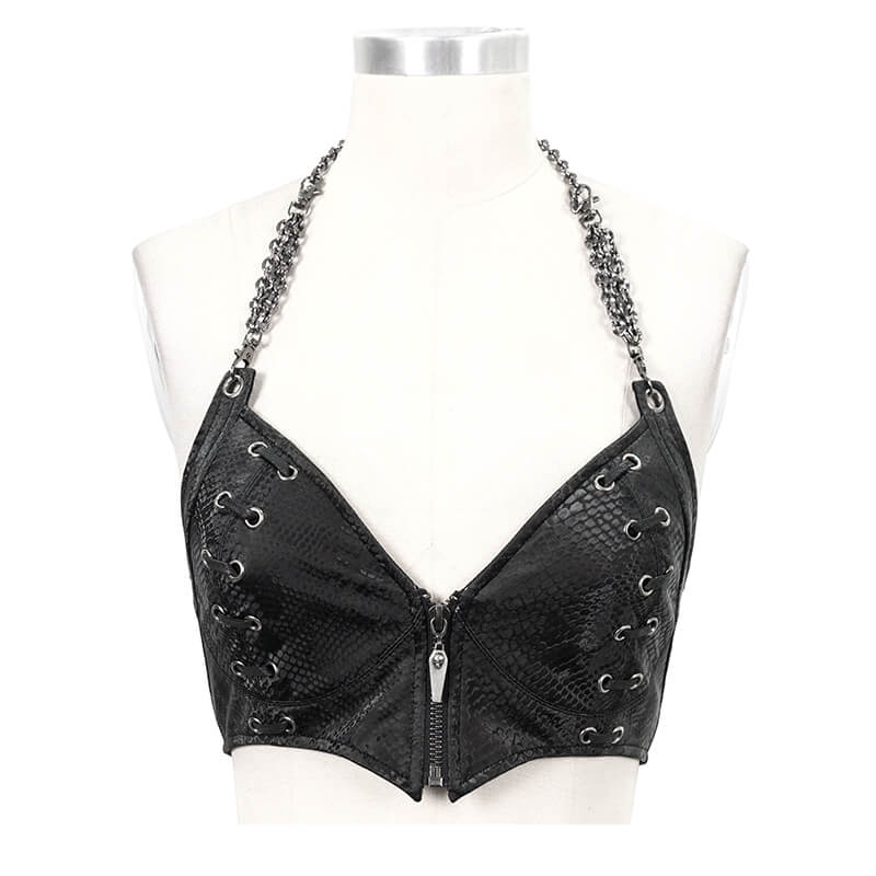Women's Synthetic Leather Bra with Chain & Silver Rivets / Female Intimates Clothing in Punk Style - HARD'N'HEAVY