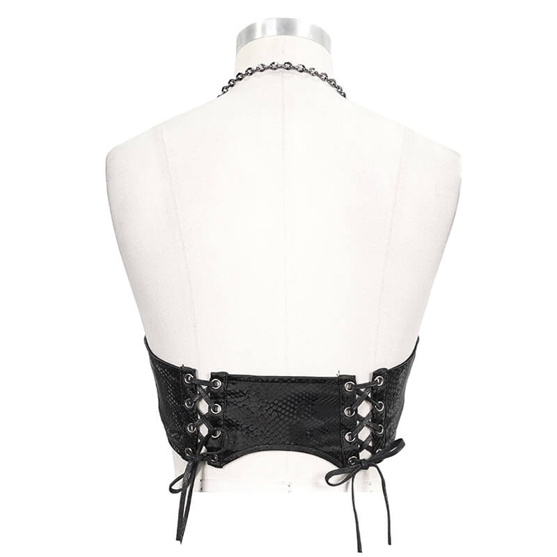 Women's Synthetic Leather Bra with Chain & Silver Rivets
