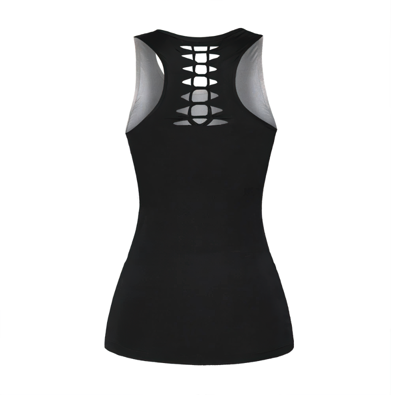 Back view of a stylish women's black tank top designed for active or casual wear.