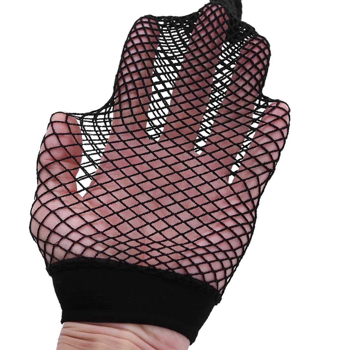 Stylish black fishnet glove showcasing unique mesh design, perfect for edgy, fashion-forward looks.