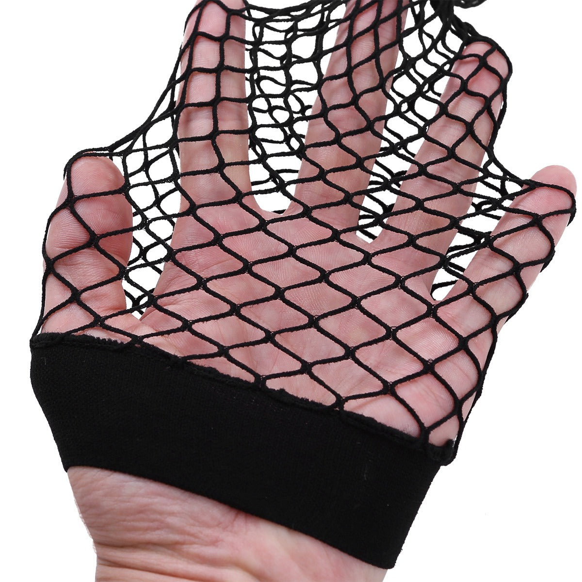 Close-up of a hand wearing a black fishnet glove, perfect for gothic style outfits and edgy fashion statements.