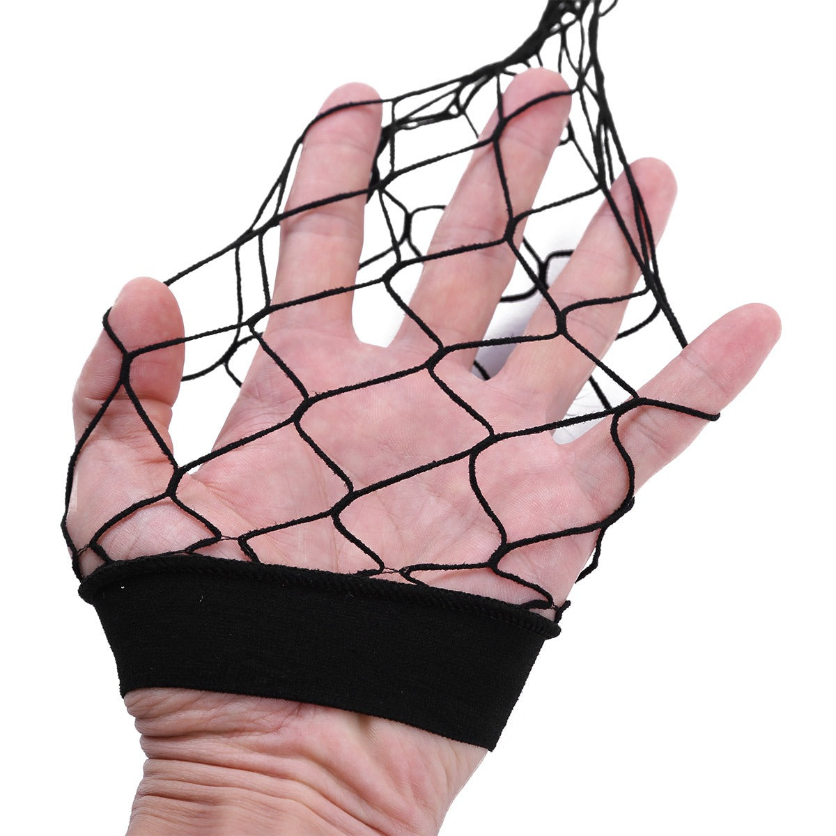 Close-up of a hand wearing black fishnet glove, showcasing the mesh design and stretchy fabric for a rock-style look.