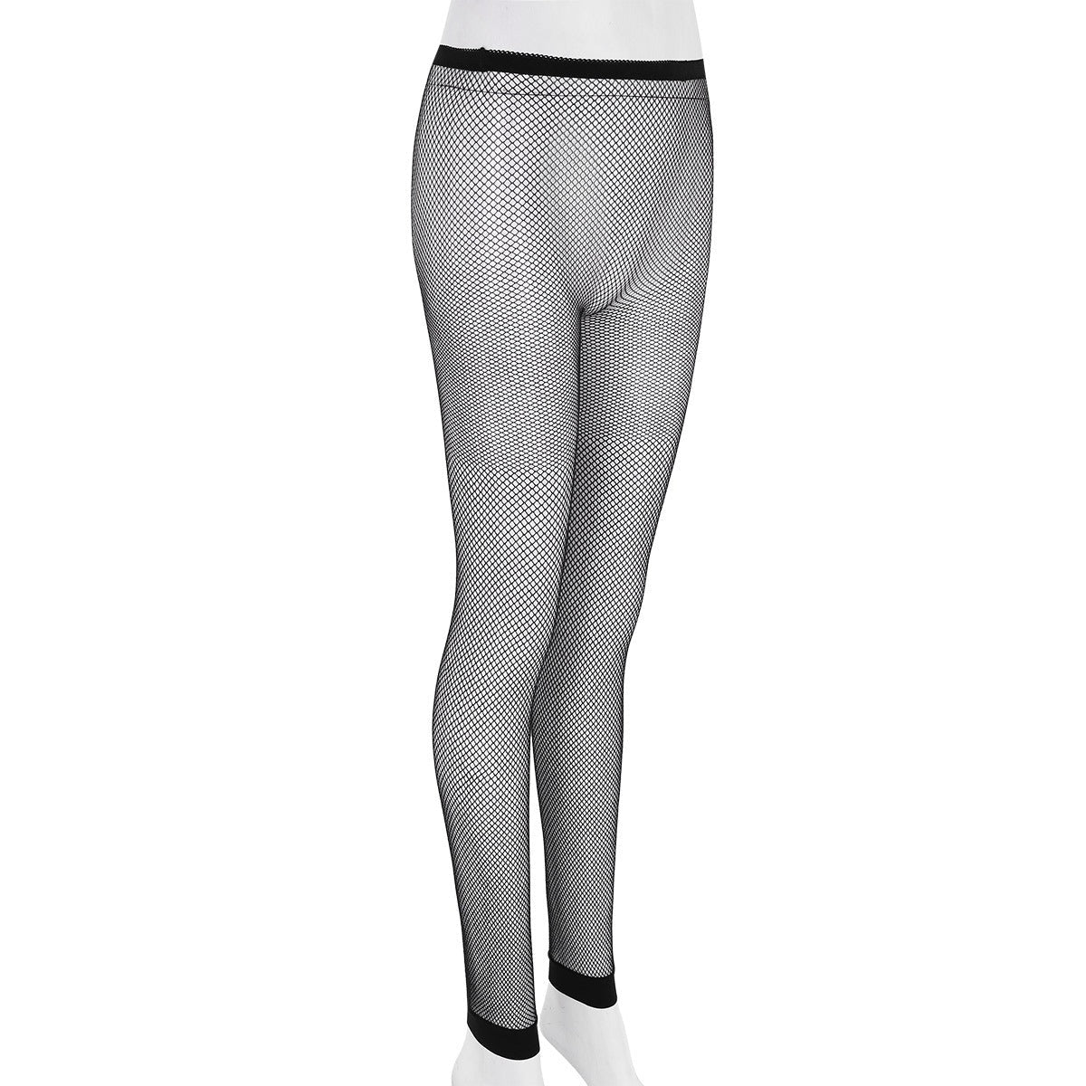 Women's sexy black mesh cutout legless tights with a high waist and stretchy nylon texture.