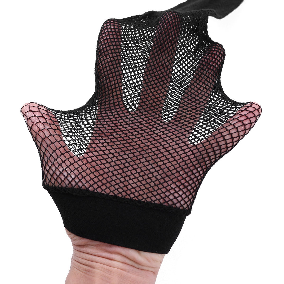 Black mesh fishnet glove showcasing intricate design, ideal for gothic fashion and edgy looks.