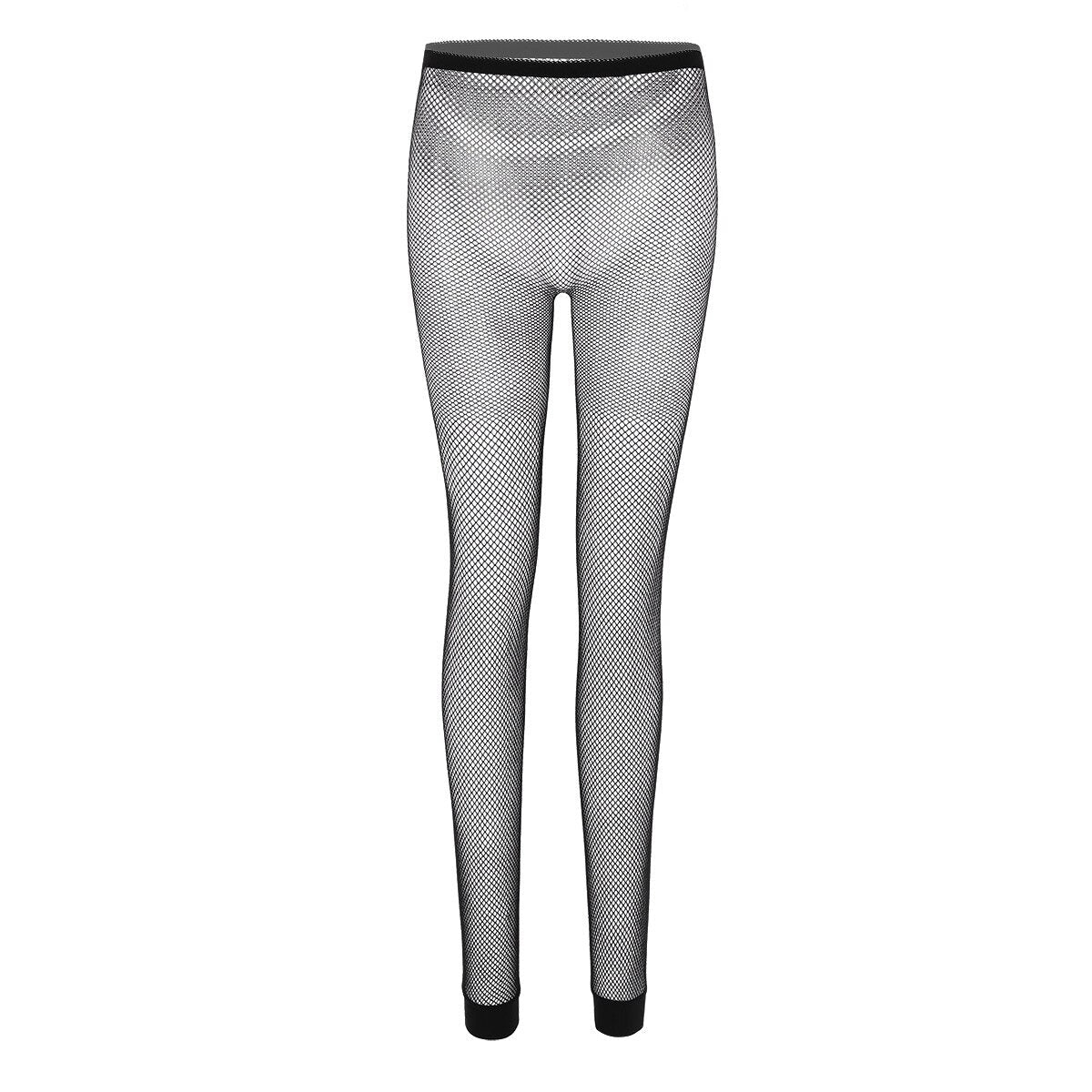 Women's black mesh cutout stretchy tights, high waist, perfect for gothic rock style outfits and edgy fashion.