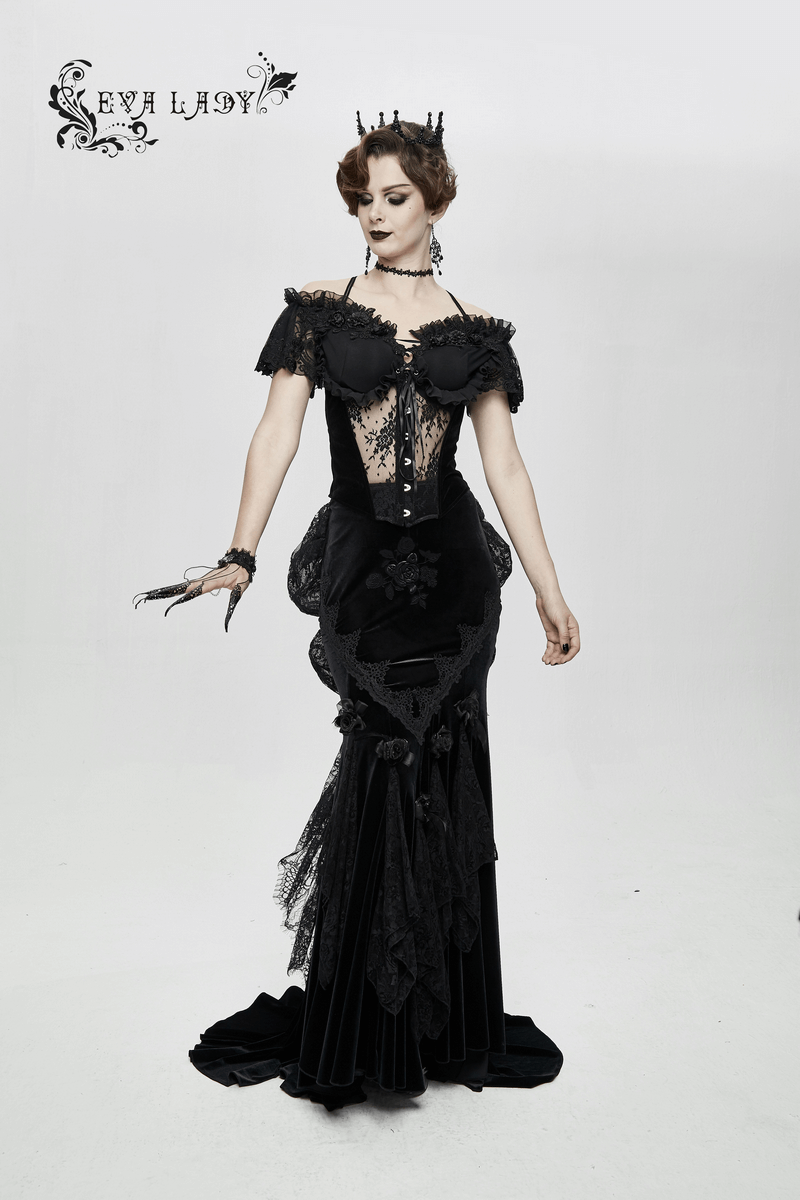 Elegant women's transparent corset with lace train in gothic style, featuring short sleeves and intricate detailing.