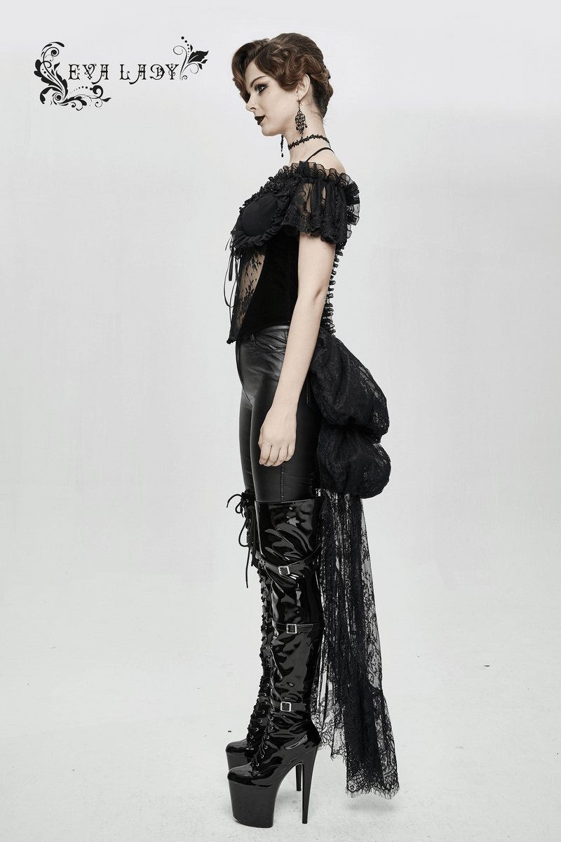 Elegant women's gothic corset outfit featuring a lace train, stylish short sleeves, and high-heeled boots.