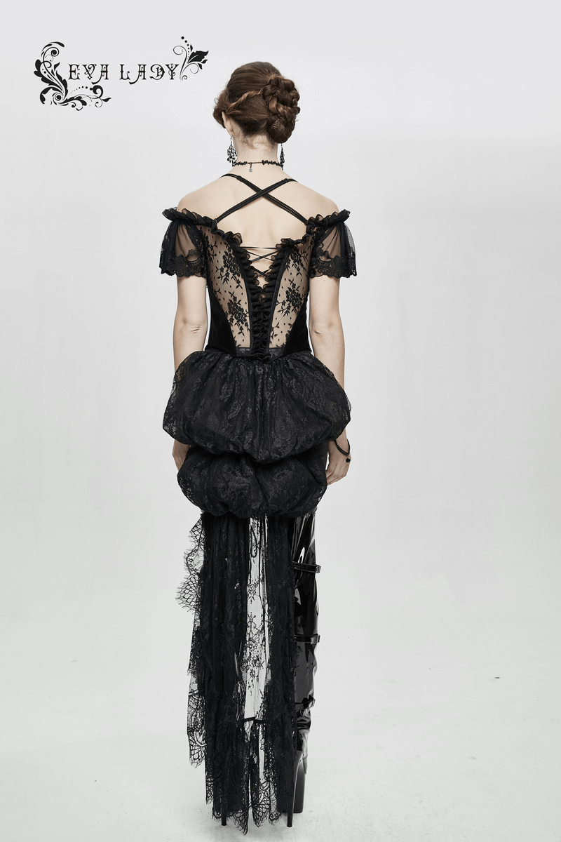 Elegant women's black transparent corset with lace train and short sleeves, showcasing gothic style.