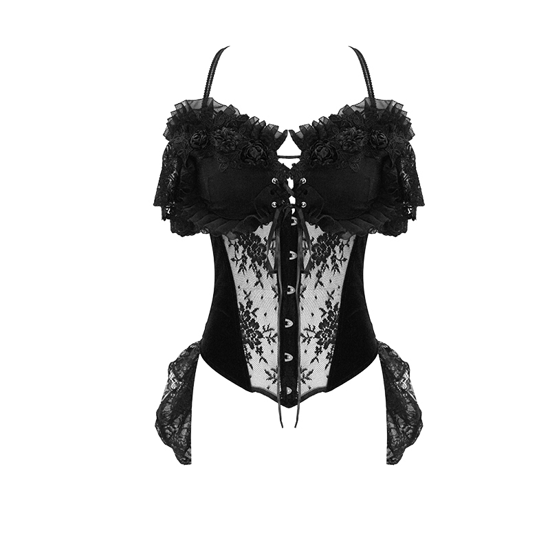 Elegant women's transparent corset with lace train and short sleeves, perfect for gothic fashion lovers.