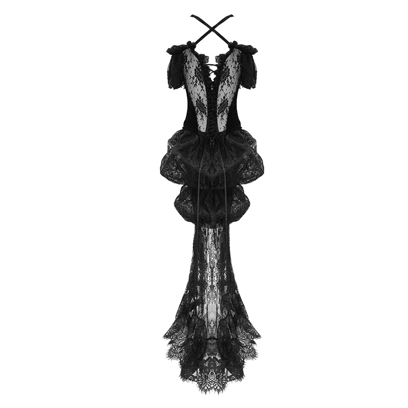 Elegant women's black transparent corset with lace detailing and short sleeves, perfect for a gothic-inspired look.