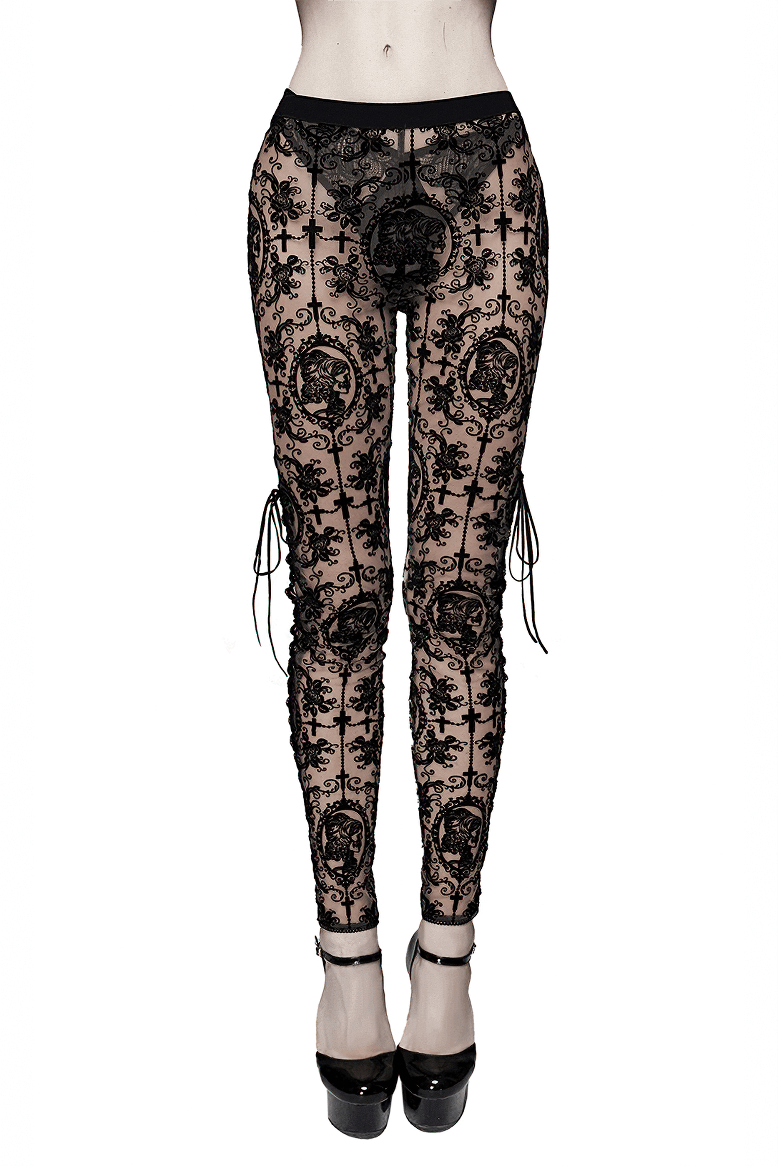 Elegant women's gothic mesh leggings with lace-up sides for a stylish statement.