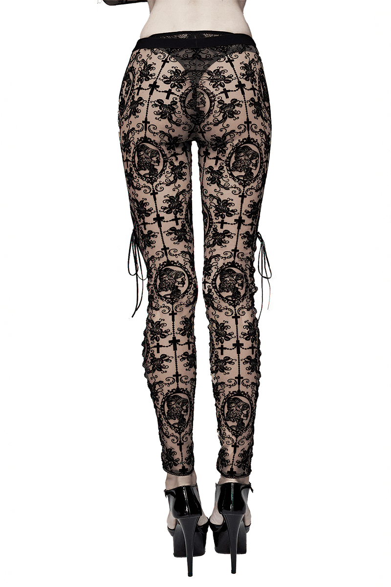 Elegant women's black lace mesh leggings with high waist and side lacing, perfect for gothic style.