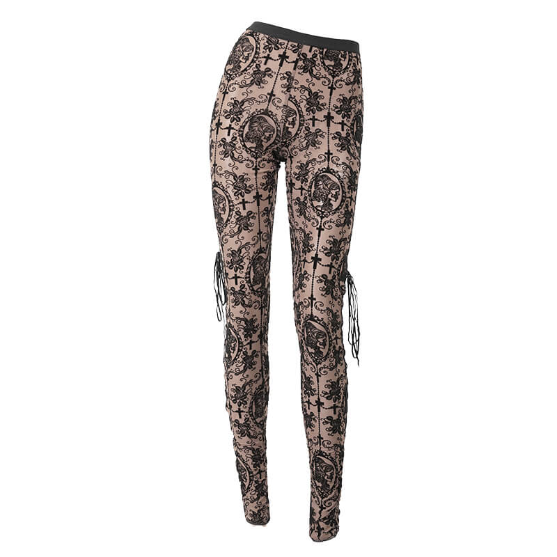 Elegant women's apricot leggings with gothic lace design and stylish side lacing for a trendy look.