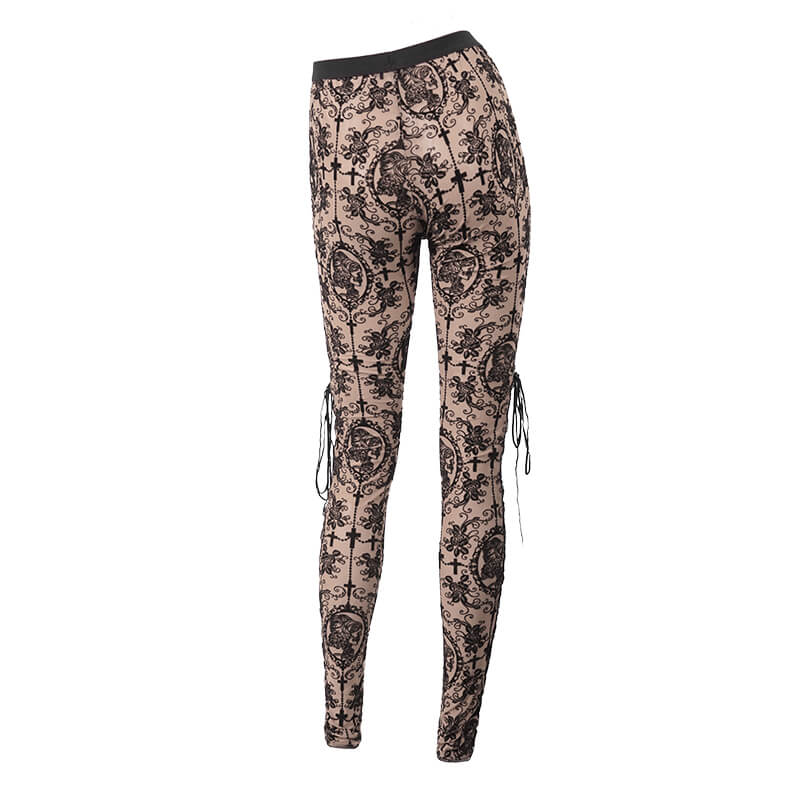 Women's gothic apricot leggings with lace-up details and elegant prints for a stylish, edgy look.