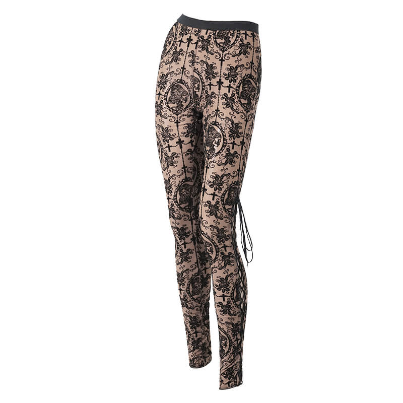 Women's gothic leggings in apricot with lace up design and elegant black patterns.