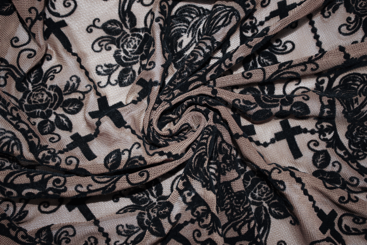 Elegant apricot lace fabric featuring gothic floral and cross patterns, perfect for stylish women's leggings.