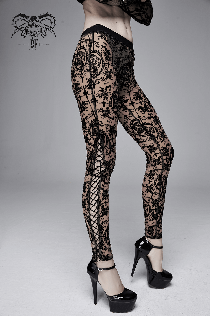 Women's sheer lace-up gothic leggings in black with intricate patterns and stylish side lacing.