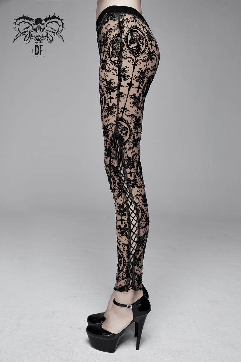 Elegant black lace mesh leggings showcasing intricate design, perfect for gothic style, paired with high heels.