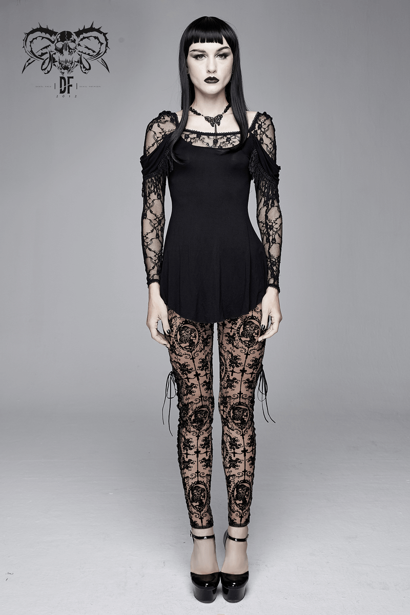 Elegant gothic outfit featuring black lace top and transparent leggings with intricate designs, perfect for a bold fashion statement.