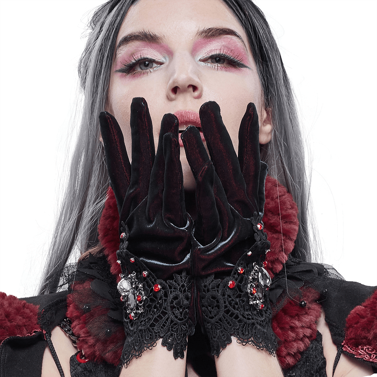 Women's Two-tone Velvet Gloves / Elegant Gloves with Lace and Red Diamonds - HARD'N'HEAVY