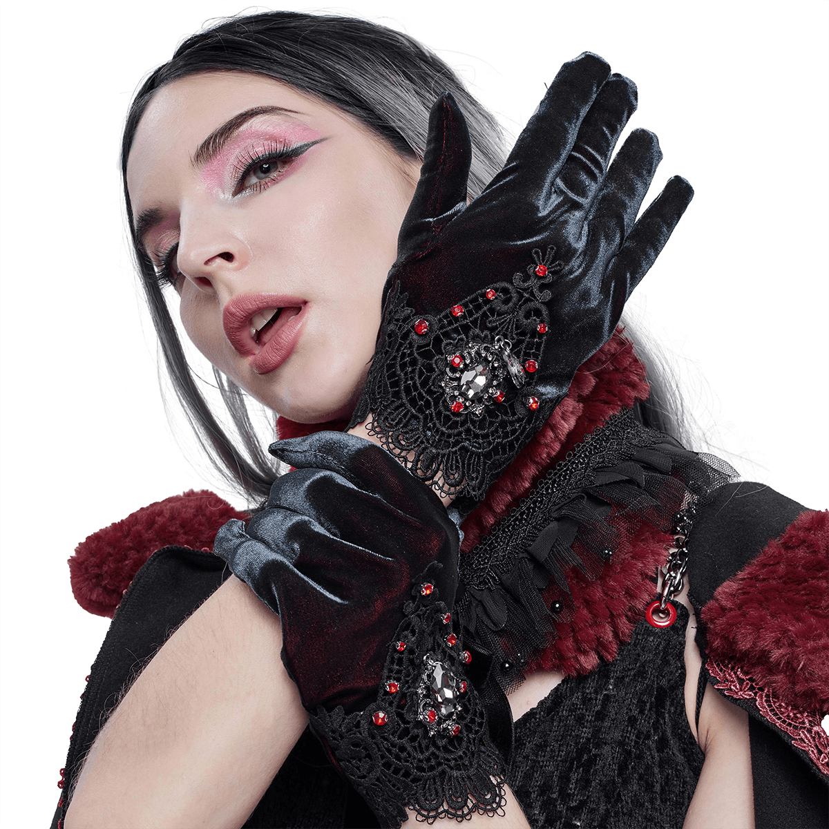 Women's Two-tone Velvet Gloves / Elegant Gloves with Lace and Red Diamonds - HARD'N'HEAVY