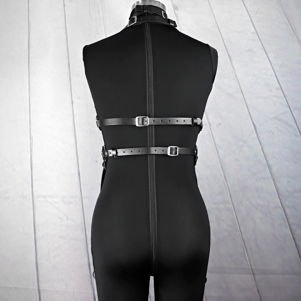Black women's bondage garter belt with straps, showcasing gothic fashion and fierce style from the back.
