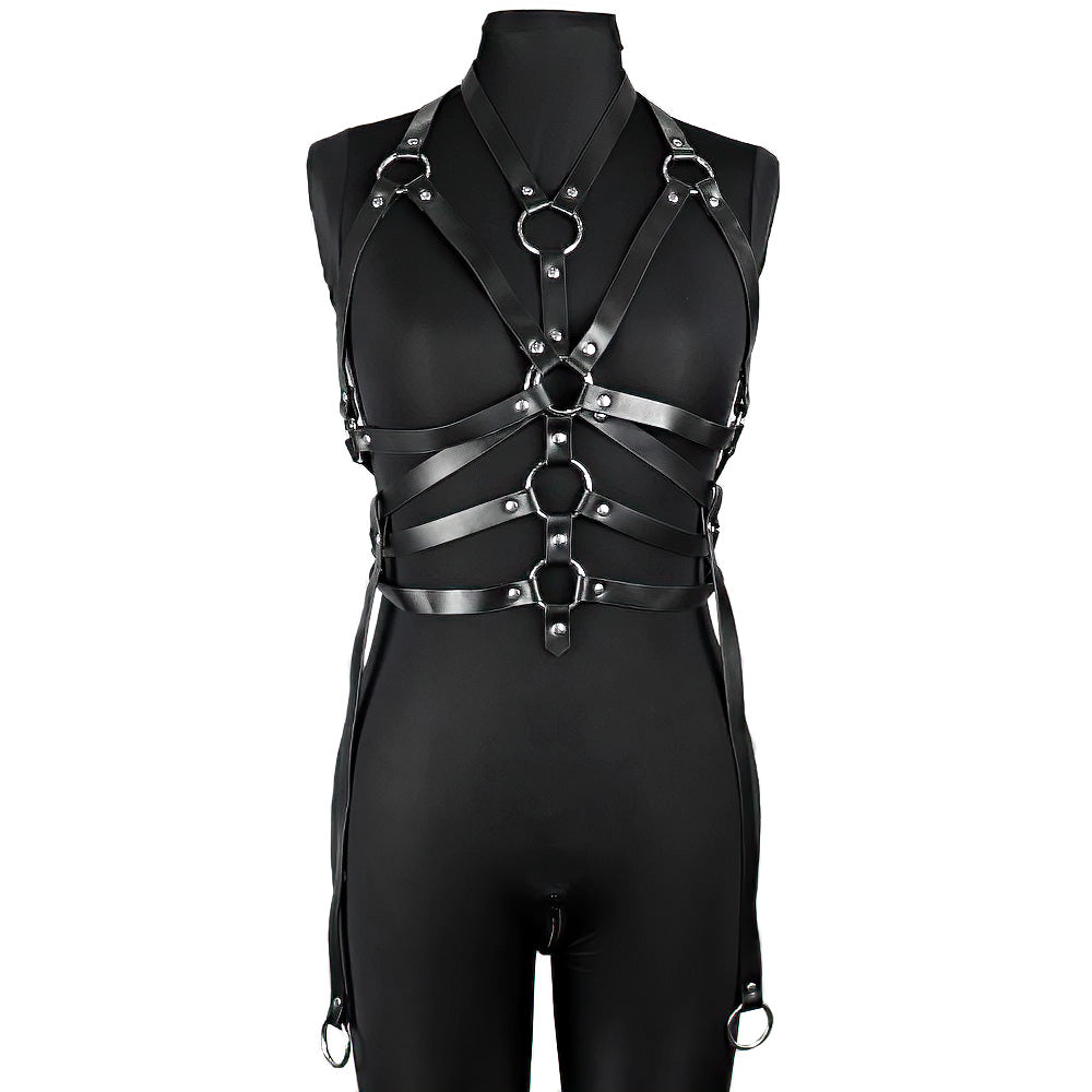 Gothic women's bondage garter belt with metal rings and straps for a fierce, sexy look.