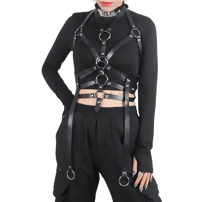 Women's black bondage garter belt with metal rings, stylish gothic fashion, perfect for daring outfits and intimate looks.