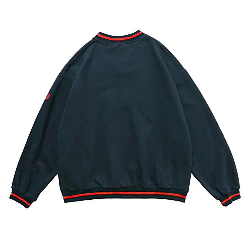 Back view of women's oversized V-neck baseball sweatshirt in black with trendy red accents and casual style.