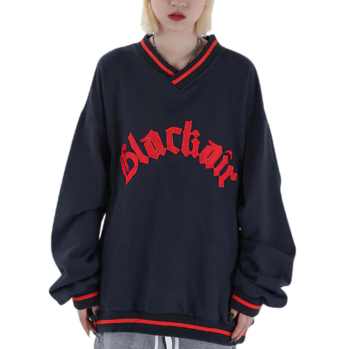 Damen-Sweatshirt mit V-Ausschnitt, Buchstaben-Patch, Baseball-Sweatshirt / lässiger, lockerer Damen-Pullover