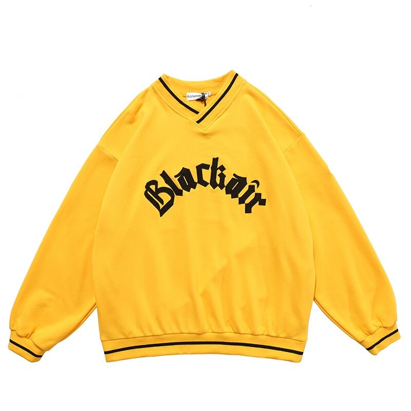 Women's oversized yellow V-neck sweatshirt with 'Blackair' letter patch, stylish and comfy casual pullover.