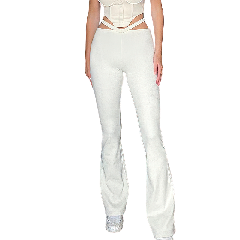 Women wearing white high waist bell bottom pants paired with a stylish corset top.