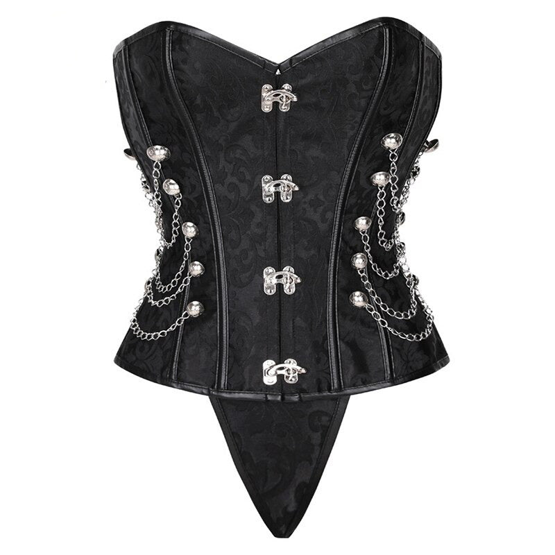 Women's vintage corset in black faux leather with chains and rivets for a stunning vintage style look.