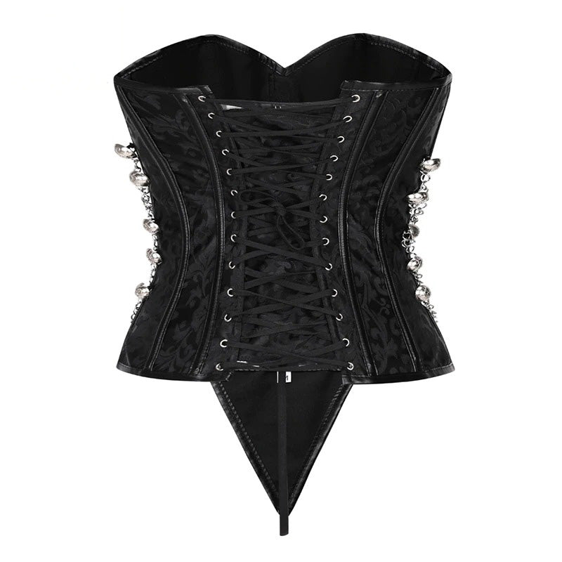 Women's vintage corset in black faux leather with rivets and chains, perfect for retro-inspired fashion.