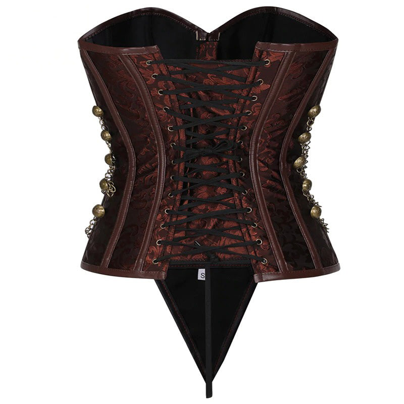 Women's vintage corset in faux leather with rivets and chains, perfect for stylish ladies wear.