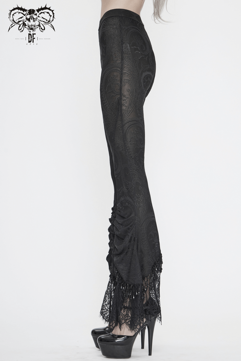 Women's Vintage Gothic Black Laced Trimmed Flared Trousers / Sexy Ladies Alternative Clothing - HARD'N'HEAVY