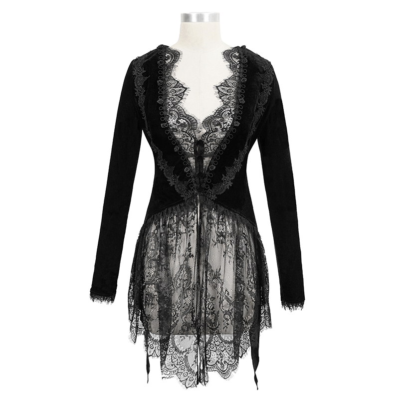 Women's Vintage Gothic Black Velvet and Delicate Lace Jacket / Steampunk Black Asymmetrical Jacket - HARD'N'HEAVY