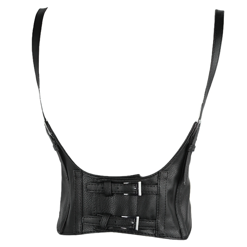 Women's vintage gothic black PU leather corset with adjustable straps and double buckle design.