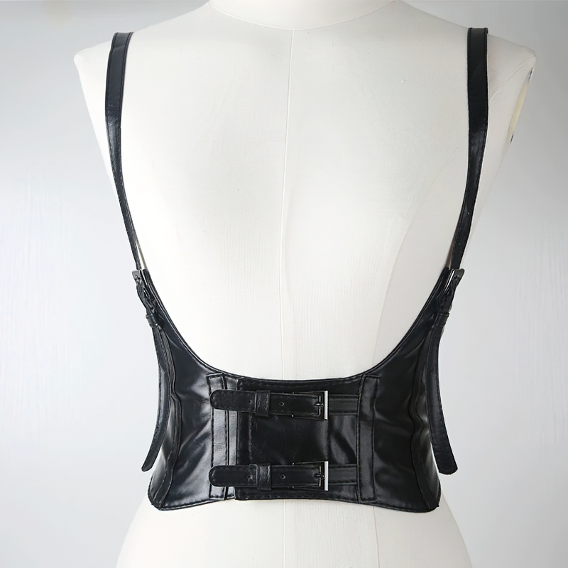 Back view of a women's vintage gothic black PU leather corset with double buckle details.