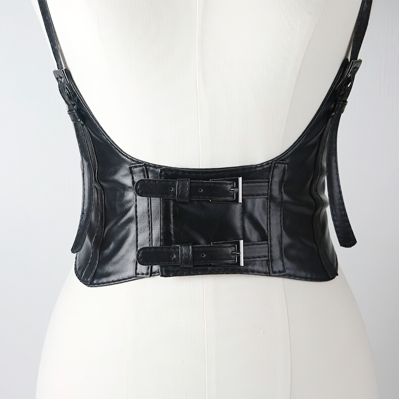 Back view of a women's vintage gothic black PU leather corset with adjustable double buckle straps.